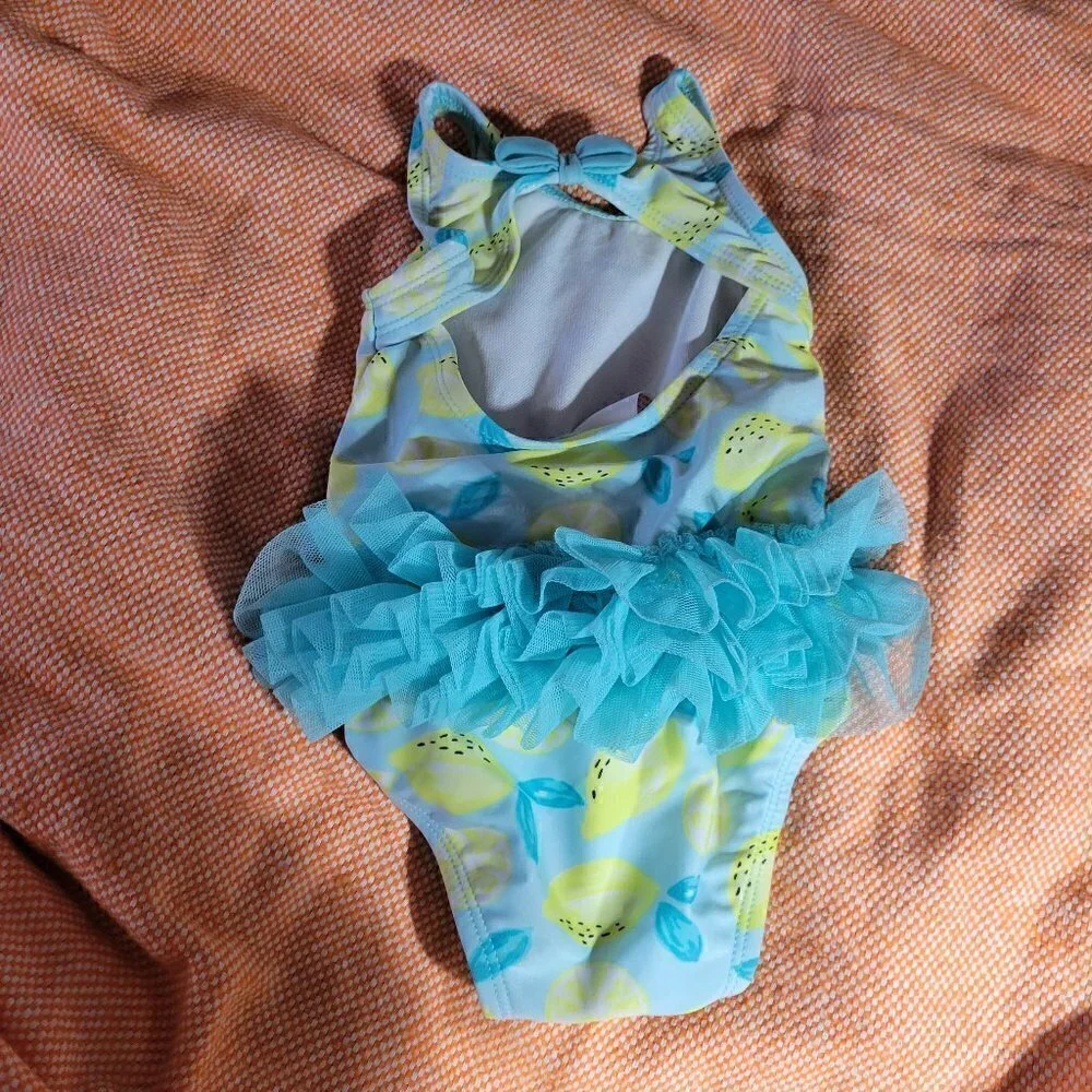 Cat & Jack One Peice Baithing Blue And Lemons Tutu Bottom Snaps Size 6-9M